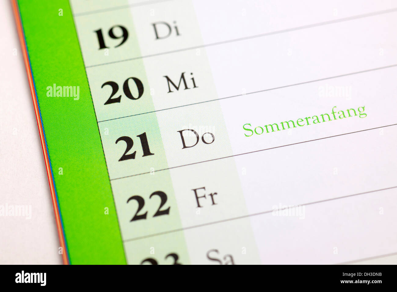 Deutscher Termin Kalender, Sommeranfang, Anfang des Sommers Stockfoto