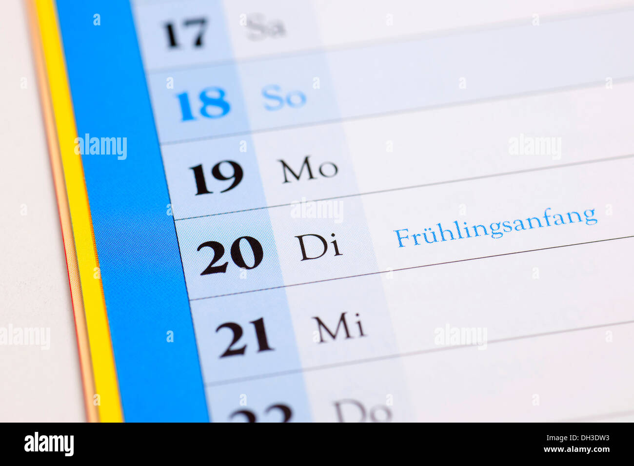 Deutscher Termin Kalender, Fruehlingsanfang, Beginn des Frühlings Stockfoto