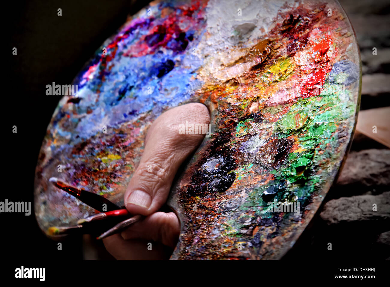 Von einer örtlichen street artist bunte Ölfarbe Palette. Malaga. Andalusien, Spanien. Stockfoto