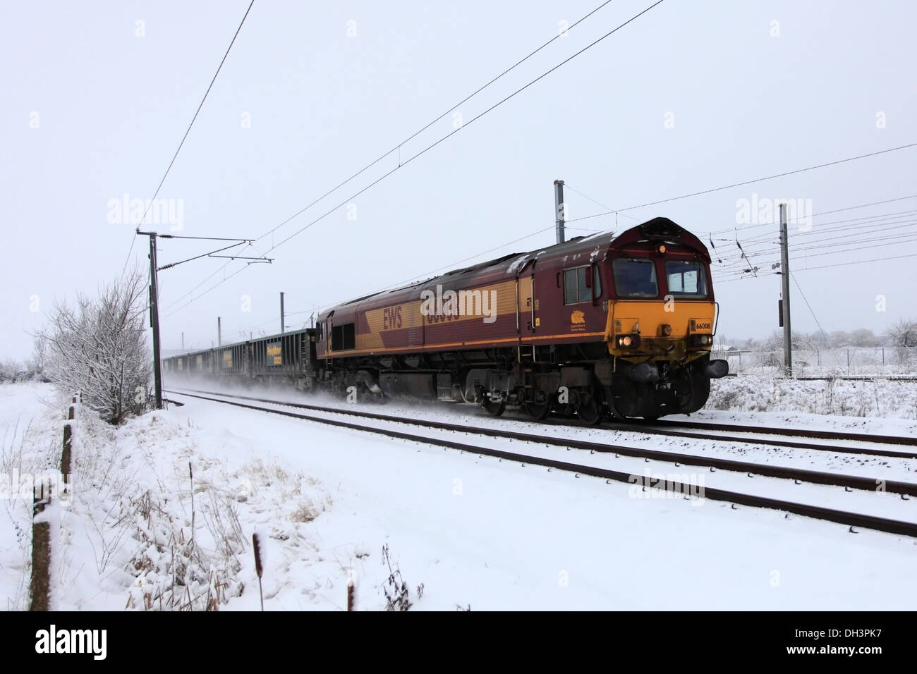 EWS-Züge, 66008 Diesel angetrieben Güterzug, Container, East Coast Main Line Railway, Cambridgeshire ziehen Stockfoto