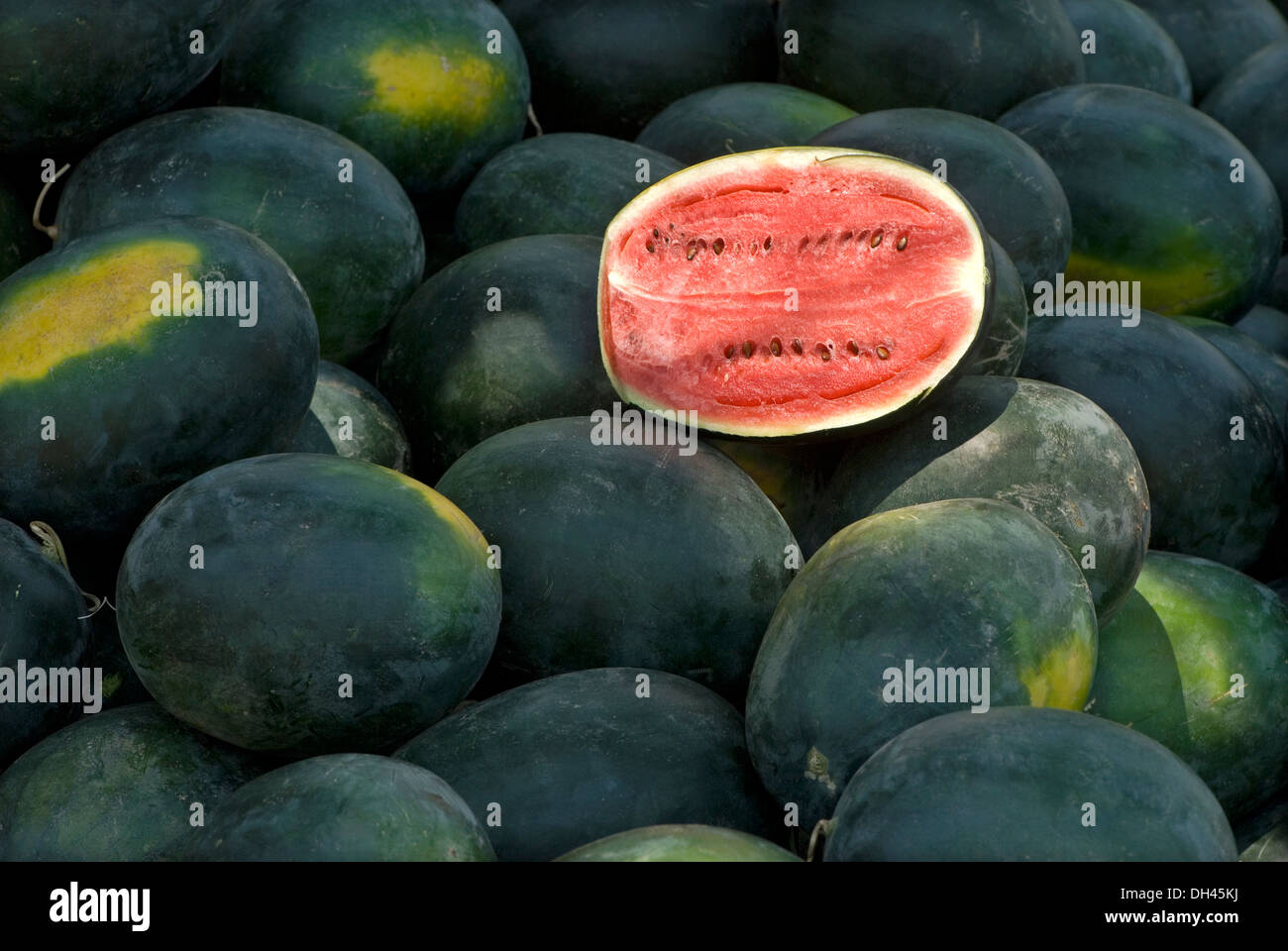 die Hälfte geschnitten Wassermelone auf voller Wassermelonen zu verkaufen in Karnataka, Indien Stockfoto