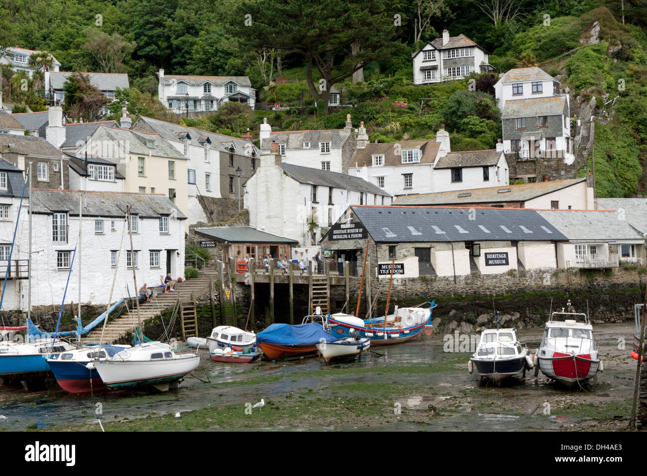 Hafen von Polperro in Cornwall bei Ebbe Stockfoto