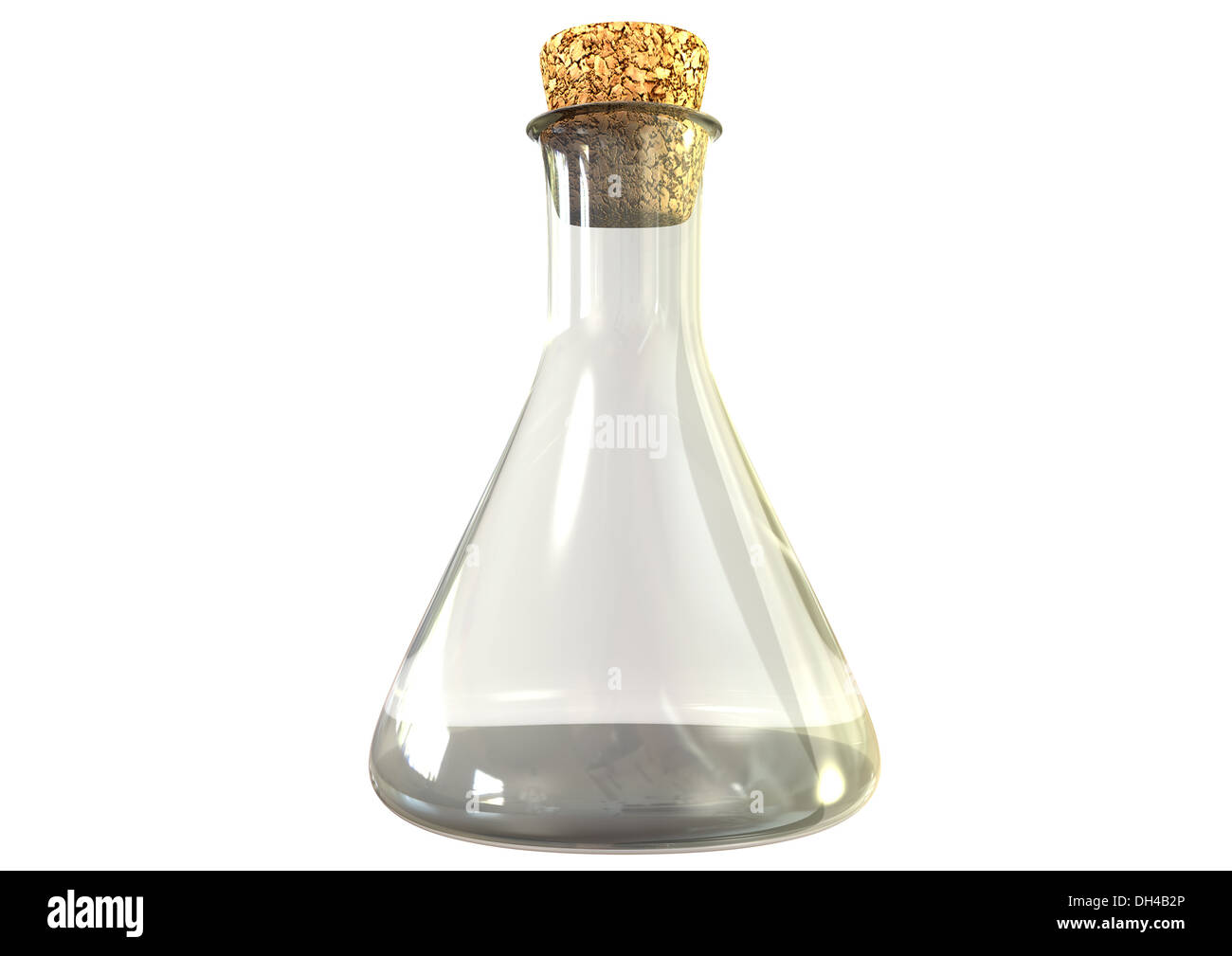 Eine regelmäßige Chemie-Glas-Flasche mit einem Korken auf einem isolierten Hintergrund Stockfoto