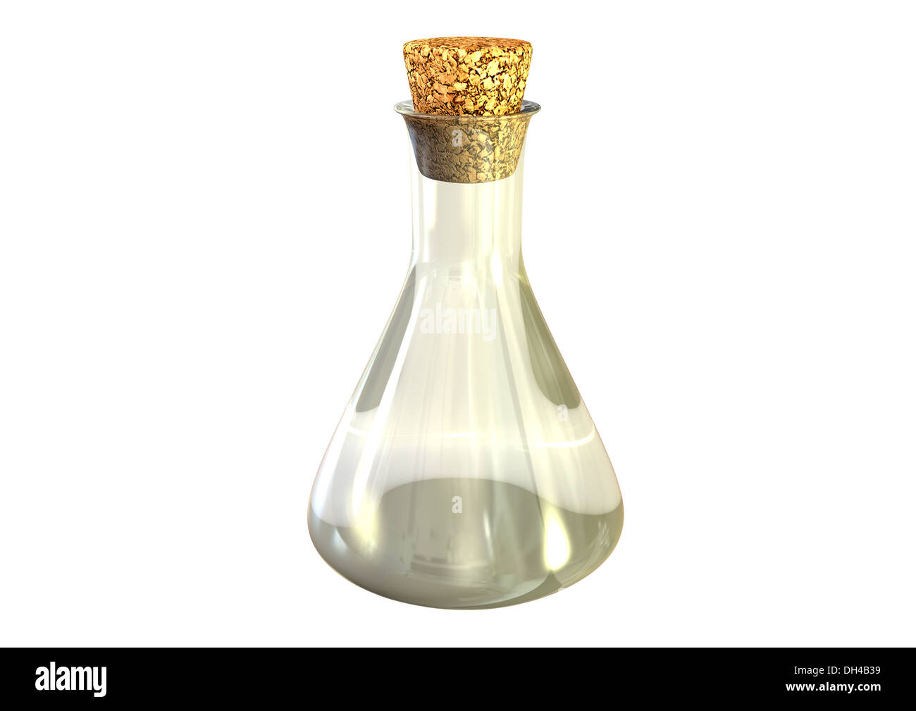 Eine regelmäßige Chemie-Glas-Flasche mit einem Korken auf einem isolierten Hintergrund Stockfoto