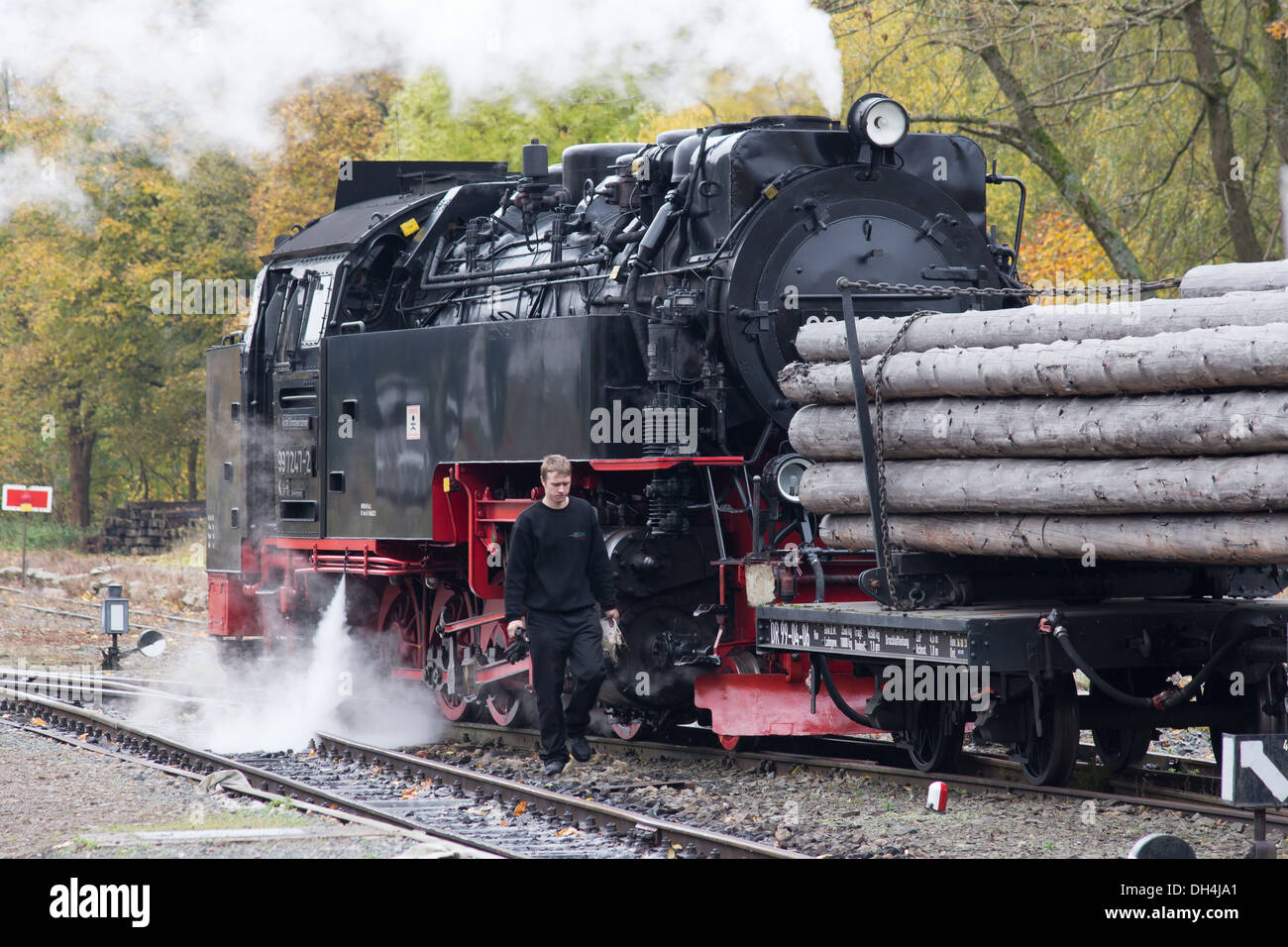 Eine Dampflok zieht einen Güterzug auf der Harz-Bergbahn Stockfoto