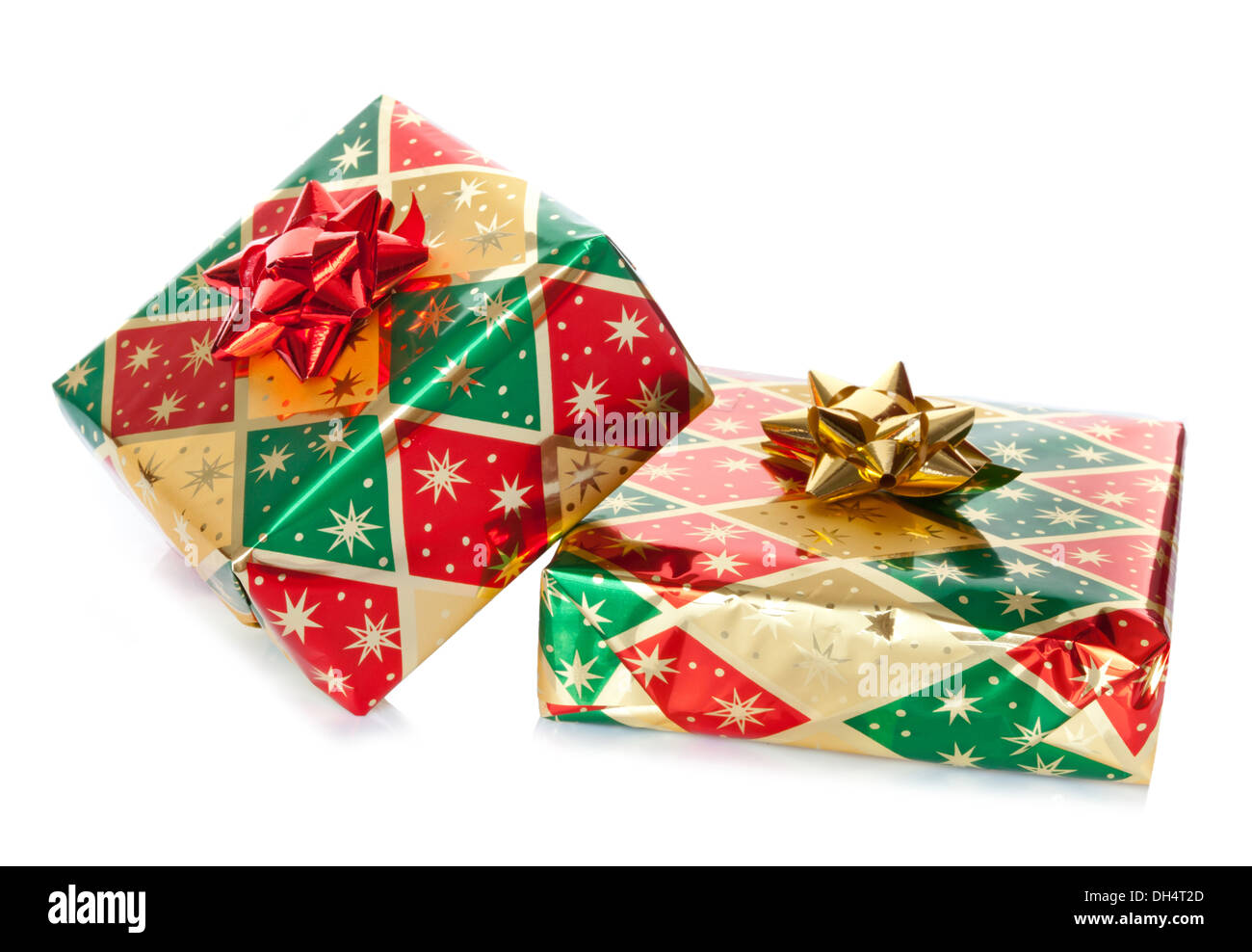 Bunte Geschenkboxen isoliert auf weißem Hintergrund Stockfoto