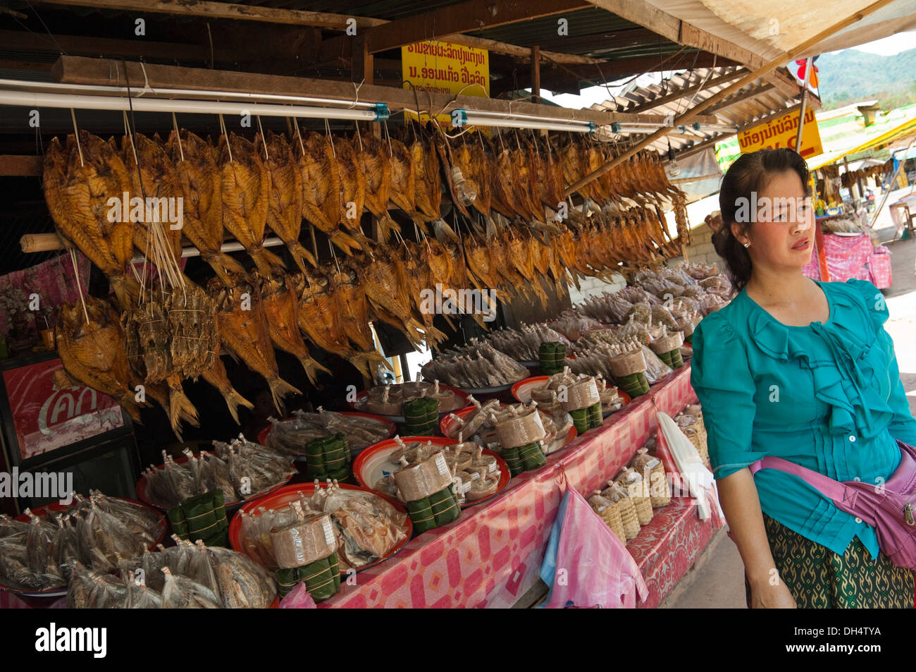 Horizontale Porträt des Verkaeufers weibliche Lao Straße an ihrem Stand auf der Seite der Straße in Laos. Stockfoto