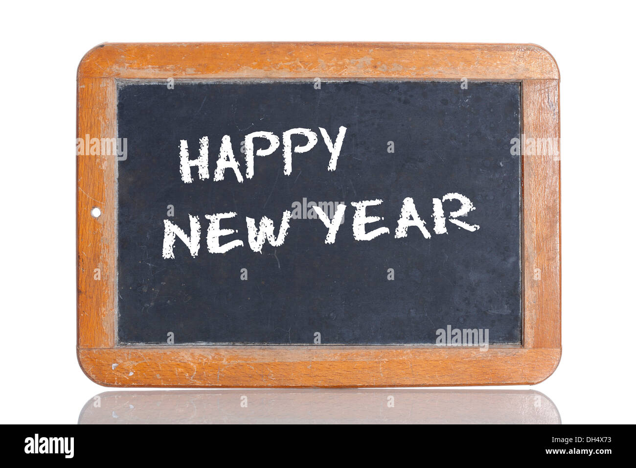 Alte Schultafel mit den Worten HAPPY NEW YEAR Stockfoto