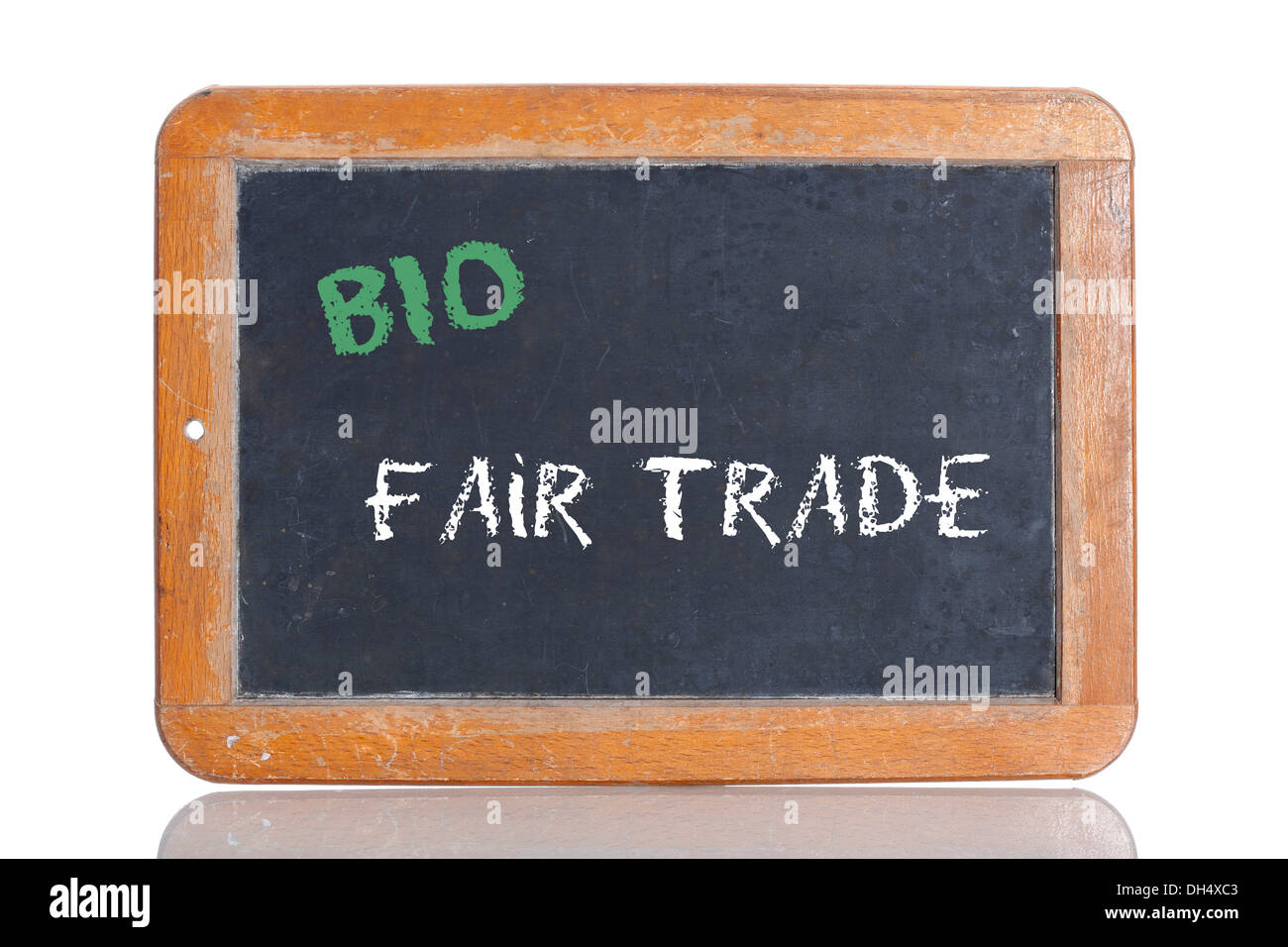 Old-School-Tafel mit den Worten BIO - FAIR-TRADE, Deutsch für Bio - Fair-trade Stockfoto