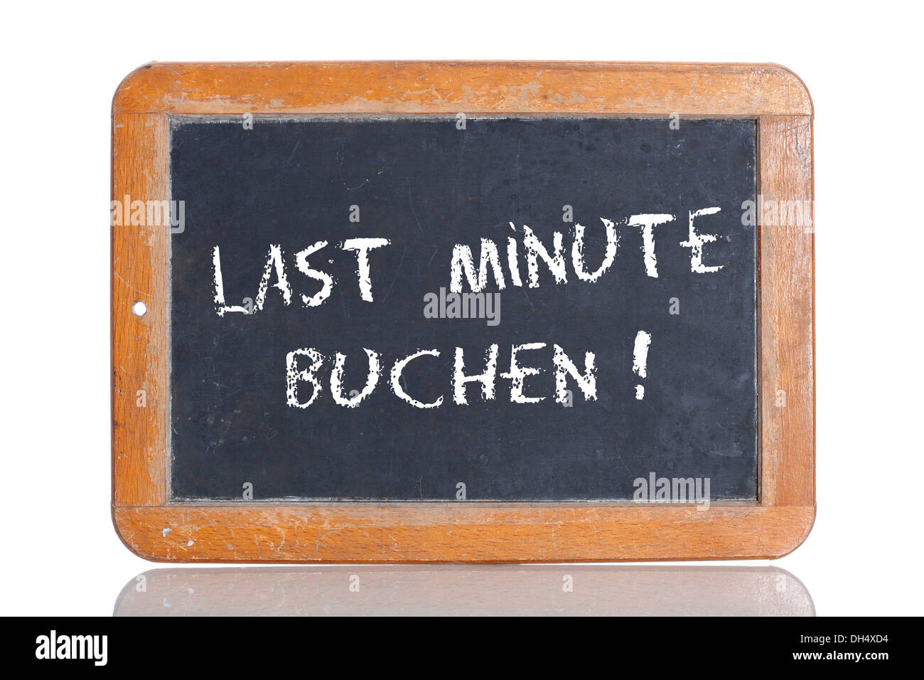 Alte Schultafel mit den Worten LAST-MINUTE BUCHEN!, Deutsch für Buch in letzter Minute Stockfoto