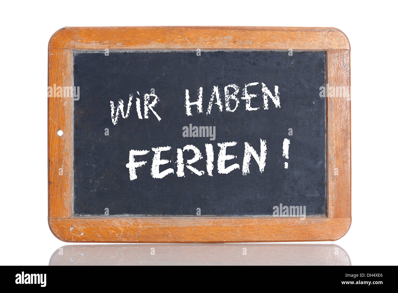 Alte Schultafel mit den Worten WIR HABEN FERIEN!, Deutsch, denn wir im Urlaub sind! Stockfoto