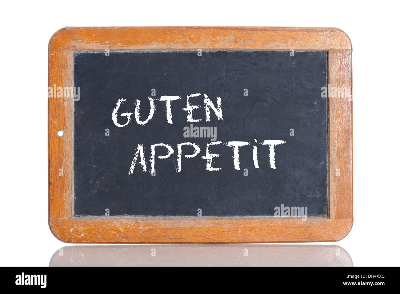 Alte Schultafel mit den Worten GUTEN APPETIT, Deutsch für genießen Sie Ihre Mahlzeit Stockfoto