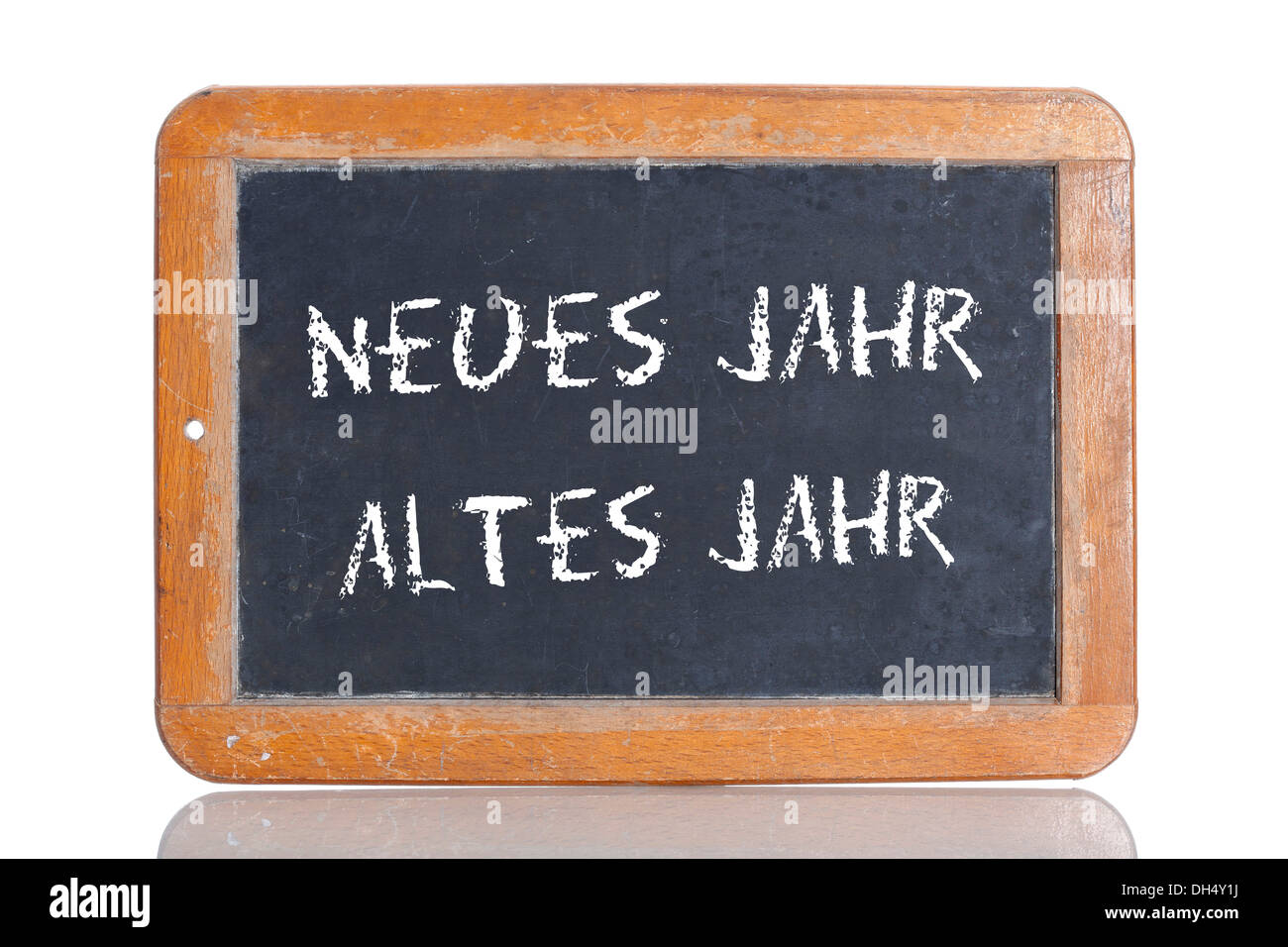 Alte Schultafel mit den Worten NEUES JAHR ALTES JAHR, Deutsch für Neujahr, alte Jahr Stockfoto