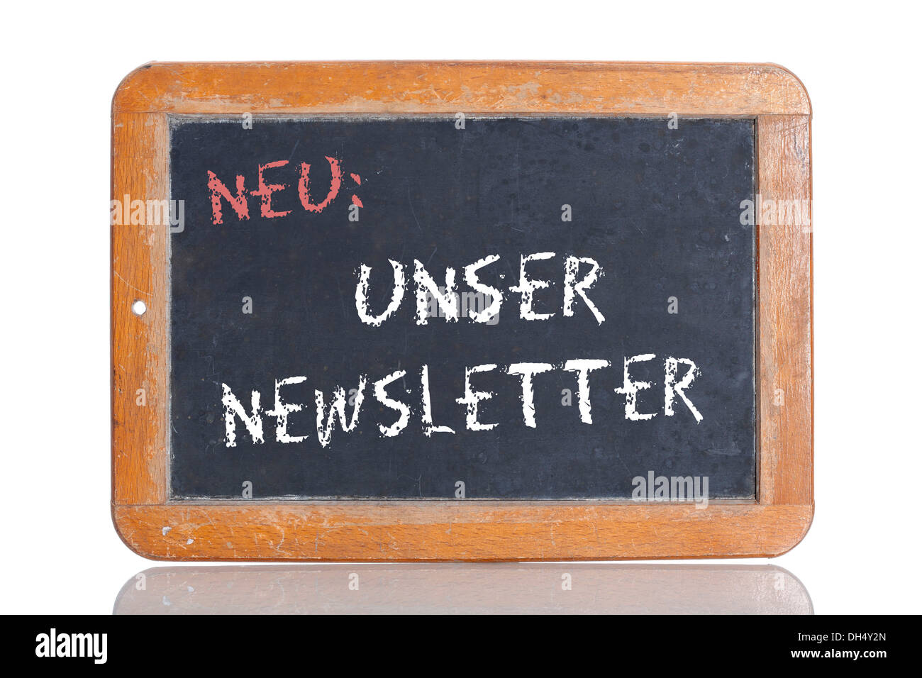 Alte Schultafel mit den Worten NEU: UNSER NEWSLETTER, Deutsch für New: unser Newsletter Stockfoto