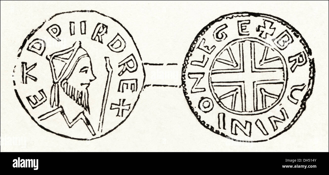 Anglo Saxon England. Silbergroschen von Eduard dem Bekenner im angelsächsischen England. Viktorianische Holzschnitt ca. 1845. Stockfoto