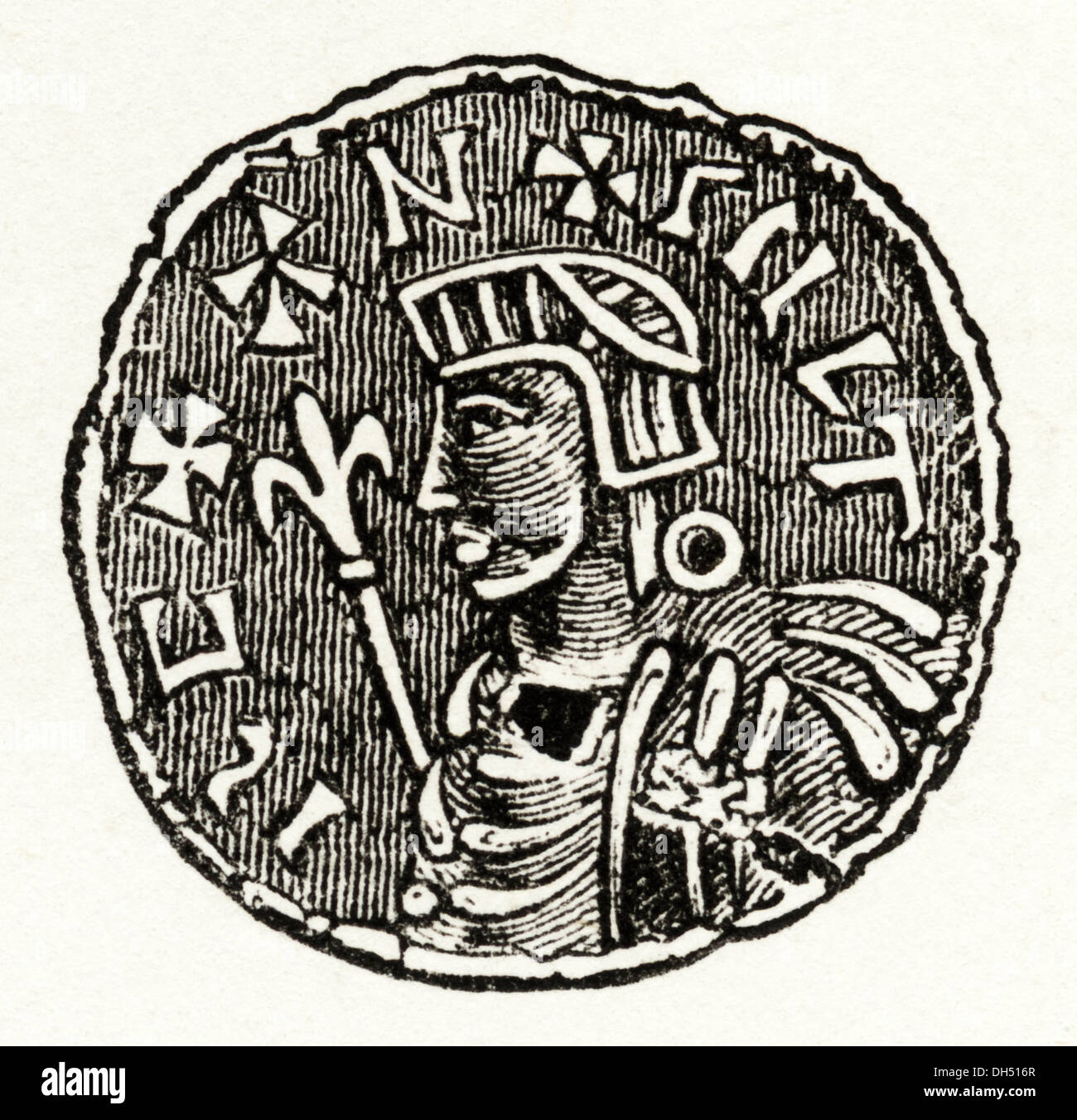 Anglo Saxon England. Silbermünze von König Canute in Anglo-Saxon England. Viktorianische Holzschnitt ca. 1845. Stockfoto
