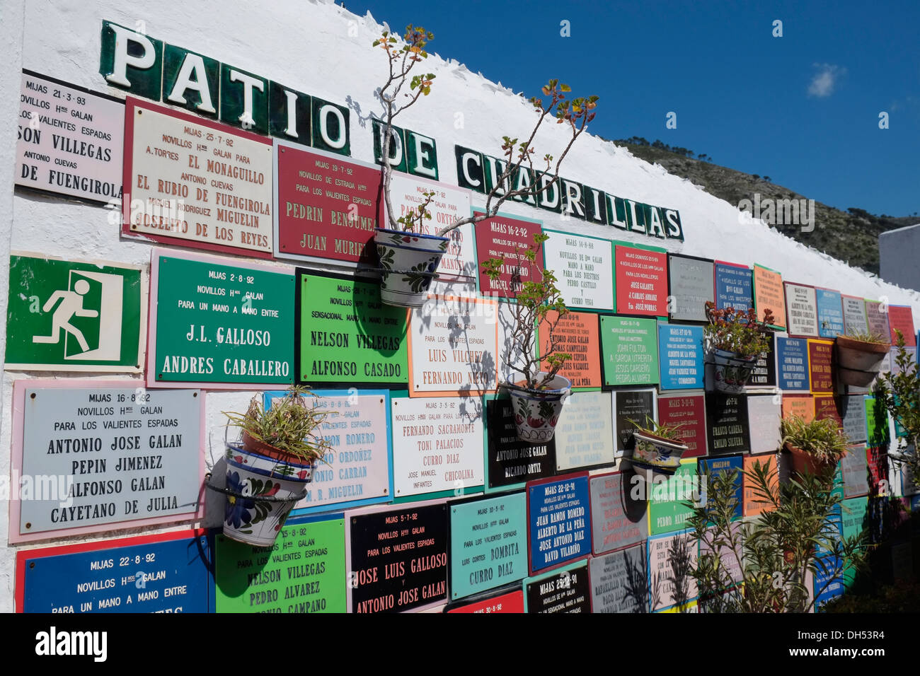 Gedenktafeln für Stierkämpfe in Mijas Stierkampfarena, Costa Del Sol, Andalusien, Spanien. Stockfoto