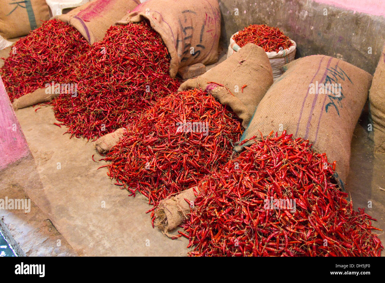 Getrocknete Chilischoten, Taschen, spice Market, Old Dhaka, Dhaka, Bangladesch, Südasien Stockfoto