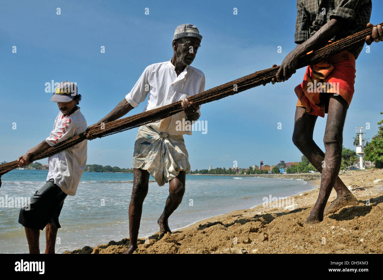 Fischer ziehen in ein Netz an einem Strand in Galle, Sri Lanka, Ceylon, Südasien, Asien Stockfoto