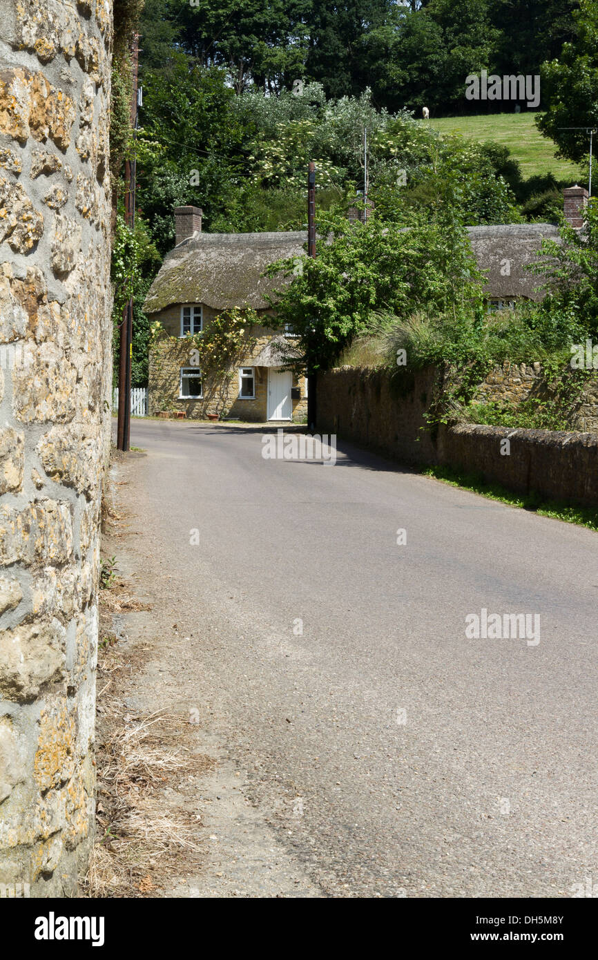 Sommer mit Blick auf strohgedeckten Hütte. Die Hauptstraße in Loders in der Nähe von Bridport, England, Vereinigtes Königreich. Stockfoto