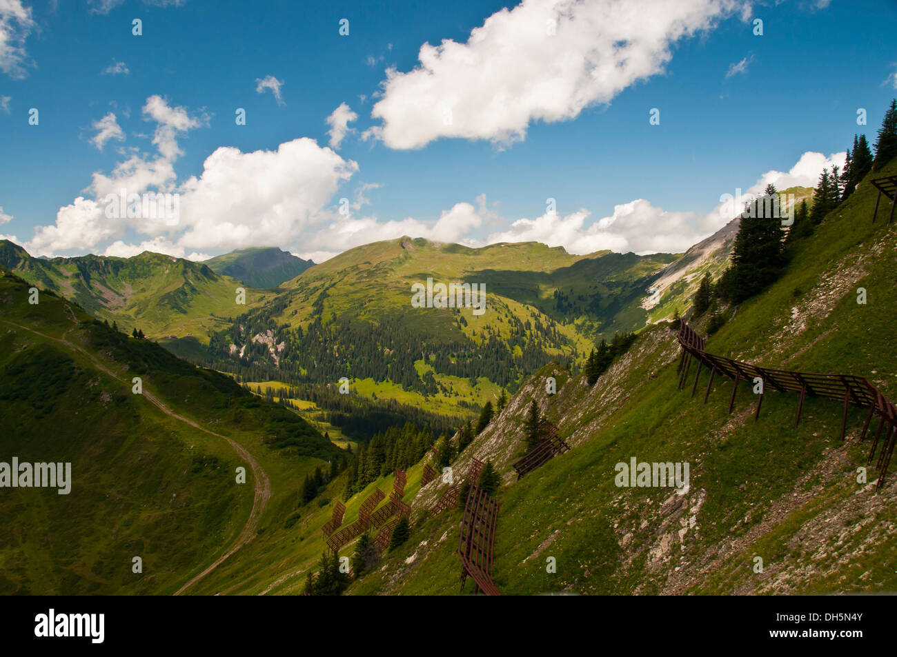Lawinenverbauungen, Walmendingerhorns Gebirge, Allgäuer Alpen, Vorarlberg, Österreich, Europa, PublicGround Stockfoto