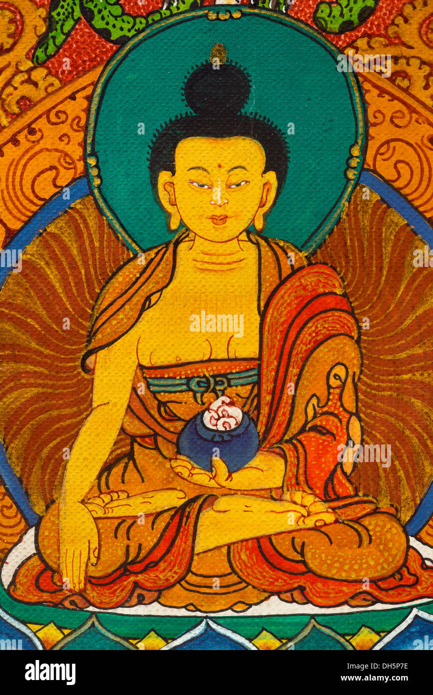 Medizin-Buddha, Shakyamuni, hält das Allheilmittel "Äpfel", Darstellung auf ein Thangka Gemälde des tantrischen Buddhismus scrollen Stockfoto