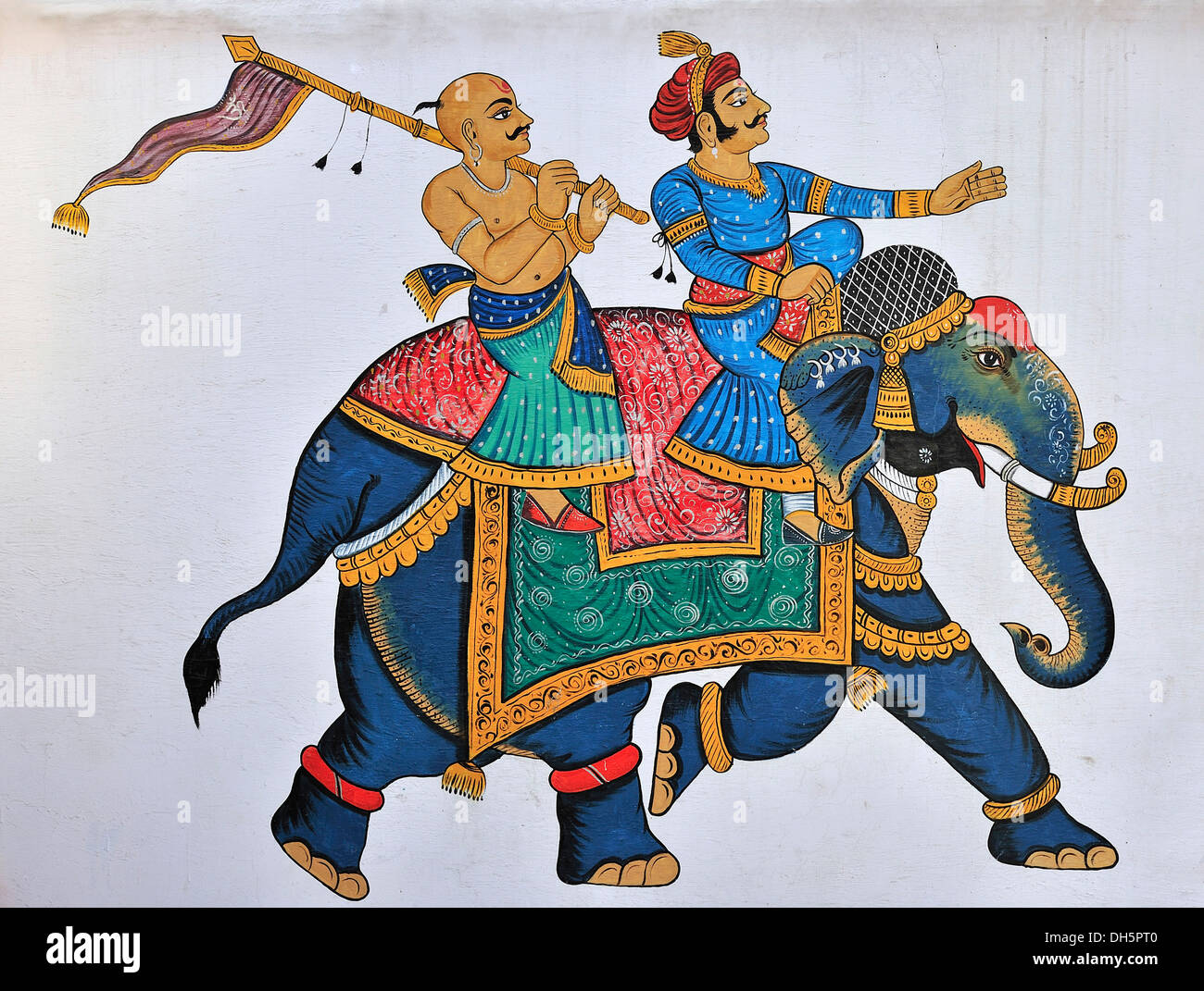 Ein Maharaja und seinem Diener, Reiten auf einem Elefanten, Wandbild an der Wand in Udaipur, Rajasthan, Indien, Asien Stockfoto