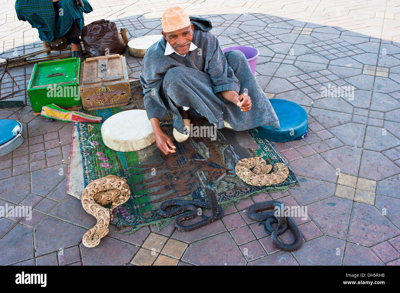 Snake Charmer mit seiner Schlangen in der Djemaa el Fna entfernt, Platz der erhängte, Marrakesch, Marokko, Afrika Stockfoto
