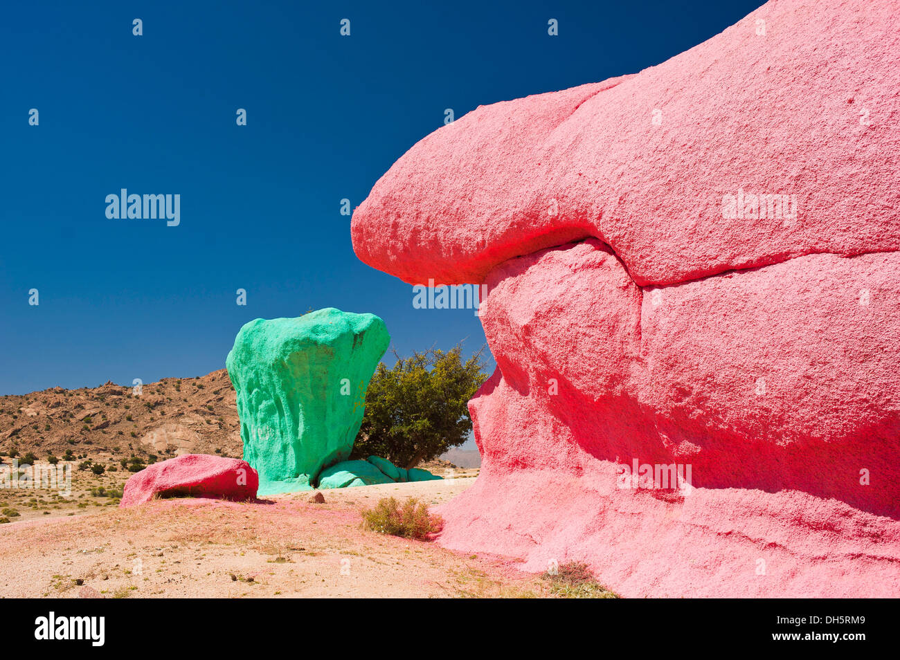 Gemalte Felsen, Felsmalereien des belgischen Künstlers Jean Verame in der Nähe von Tafraoute, Anti-Atlas-Gebirge, Südmarokko Stockfoto