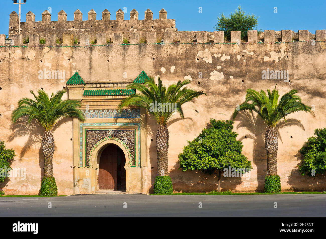 Typisches Tor mit Ornamenten, Schlamm Ziegelwand mit Palmen Bäume, Königspalast, Dar El-Makhzen, Meknès, Marokko, Afrika Stockfoto