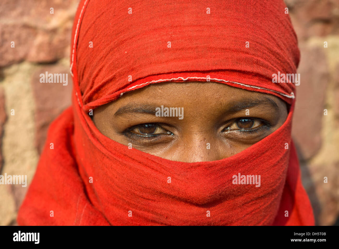 Junge indische Frau mit einem roten Schleier, Porträt, Fatehpur Sikri, Uttar Pradesh, Indien Stockfoto
