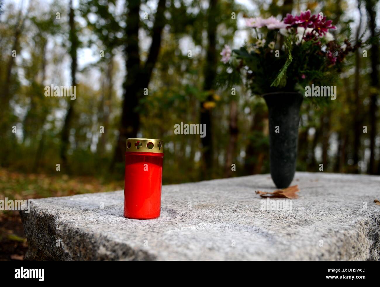 Berlin, Deutschland. 1. November 2013. Eine Kerze sitzt auf einer Steinplatte in Friedewald, natürliche Begräbnisstätte des Friedhofs am St.-Bartholomäus-Kirche in Berlin, Deutschland, 1. November 2013. Drei Hektar Waldflächen stehen Menschen auf dem Friedhof begraben. Foto: BRITTA PEDERSEN/Dpa/Alamy Live News Stockfoto