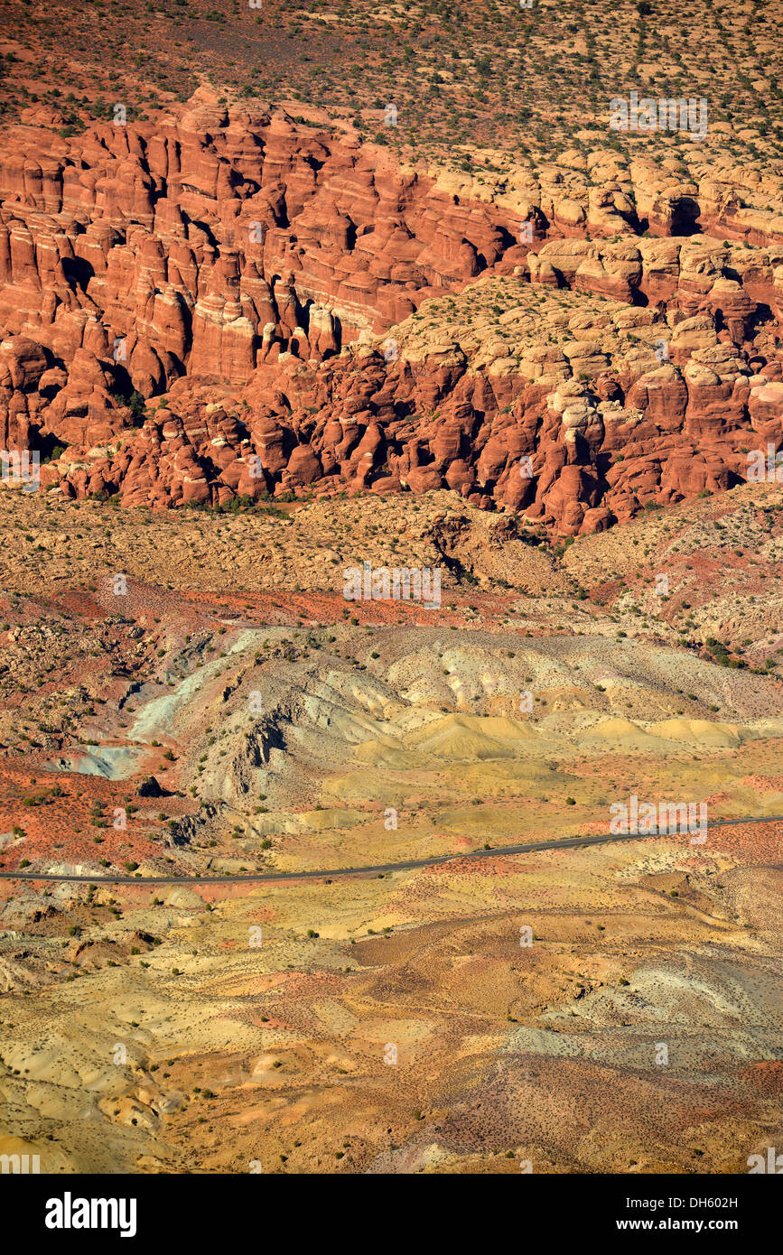 Antenne zu sehen, Feuerofen Steingarten, Salt Valley, Panoramastraße, Arches-Nationalpark, Moab, Utah, Vereinigte Staaten von Amerika Stockfoto