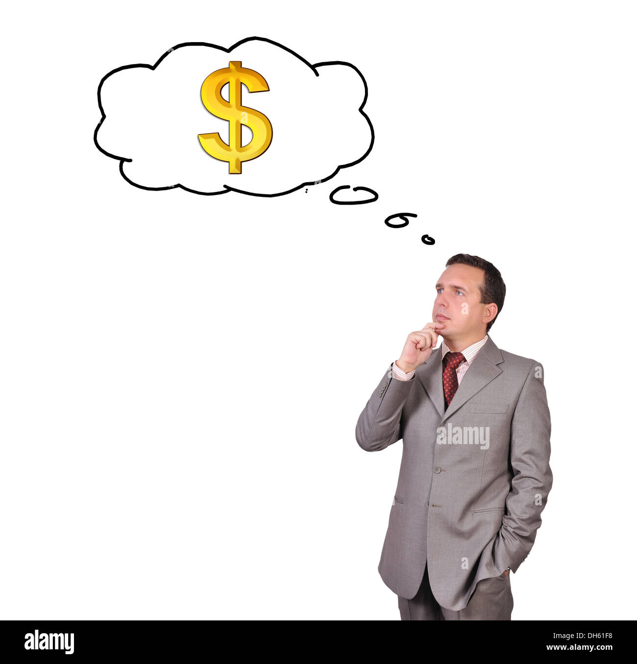 Geschäftsmann, Nachdenken über Geld auf weißem Hintergrund Stockfoto