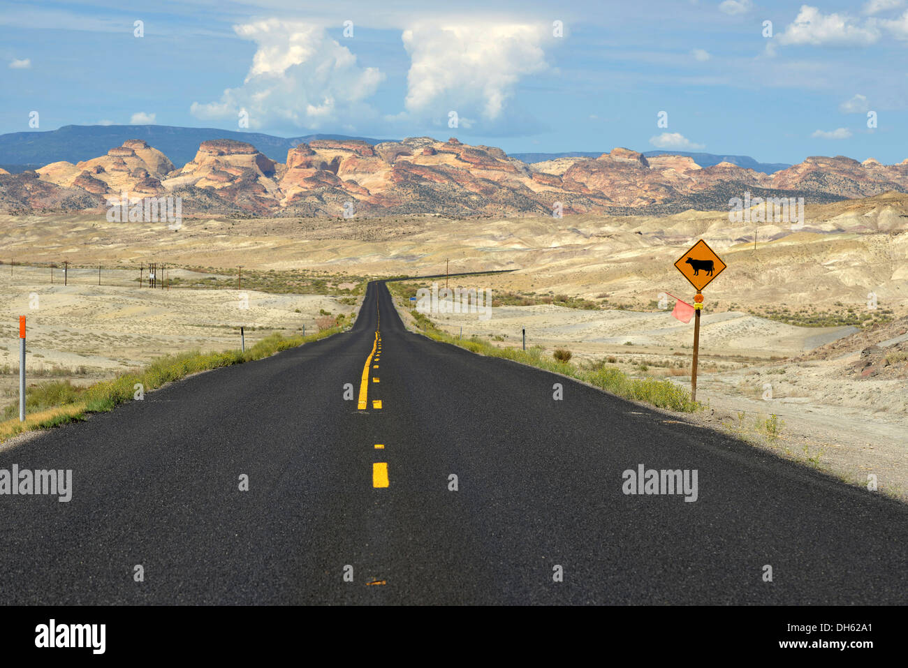 Melden Sie "Open Range", U.S. Highway 24, mit Blick auf den Navajo Kuppel Plateau, Capitol Reef National Park, Utah, Südwesten der USA, USA Stockfoto
