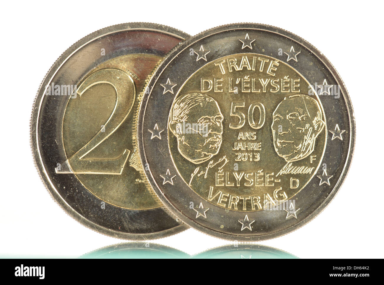 2013-Gedenkmünze, 50 Jahre des Elysée-Vertrags, Adenauer und De Gaulle, Stuttgart Mint F, vorne und hinten, 2-Euro-Münze Stockfoto