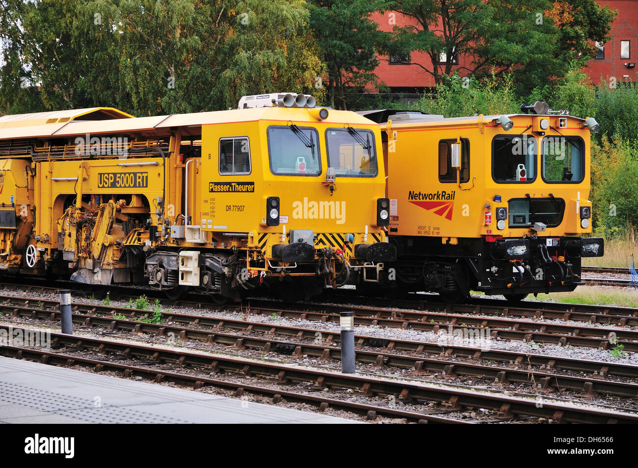 Network Rail Track Wartung Maschinen in die Abstellgleise am Bahnhof Leicester im Stall. Stockfoto