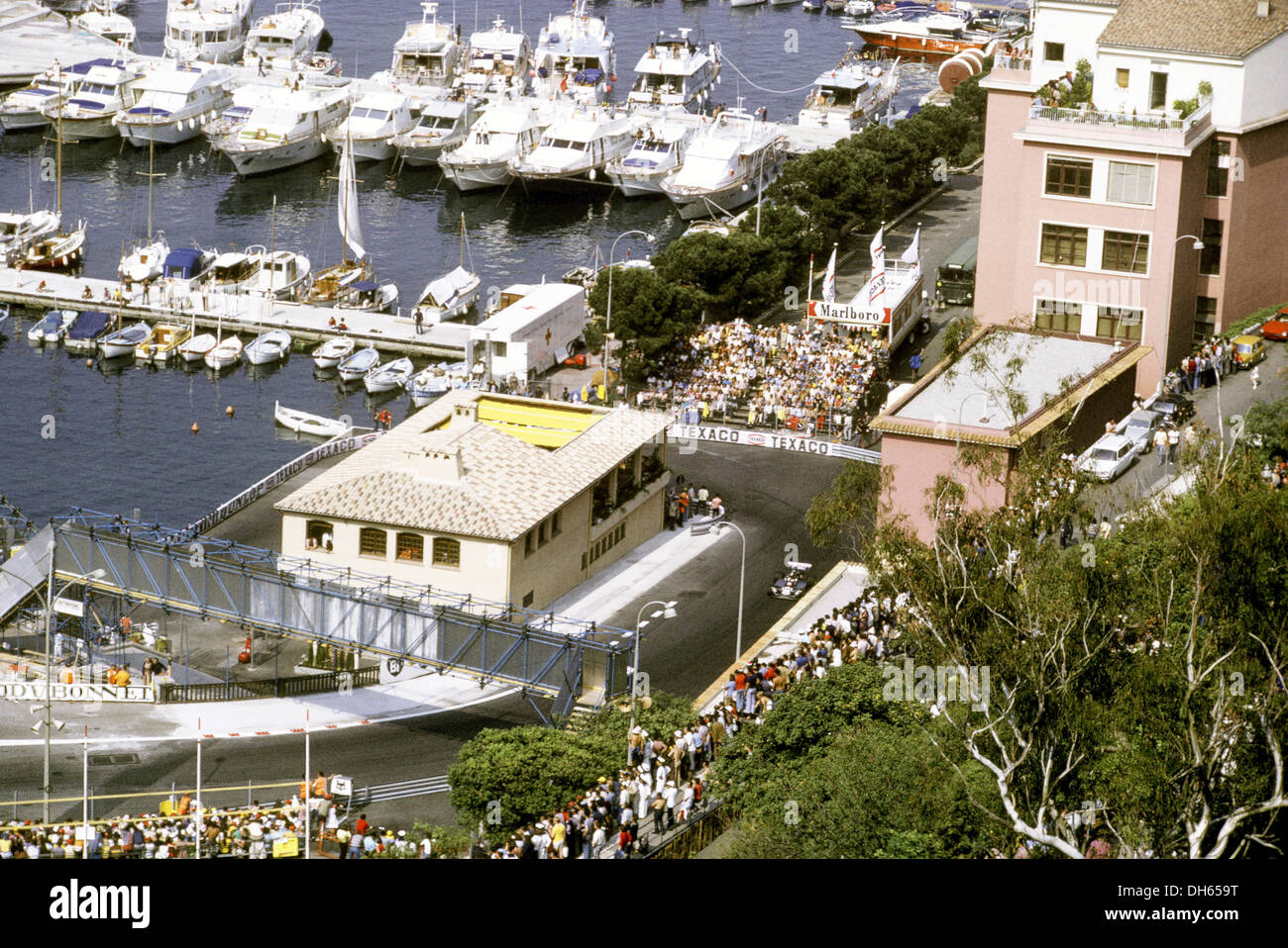 Luftaufnahme der Rascasse-Ecke auf dem Stadtkurs von Monaco GP, 1973. Stockfoto