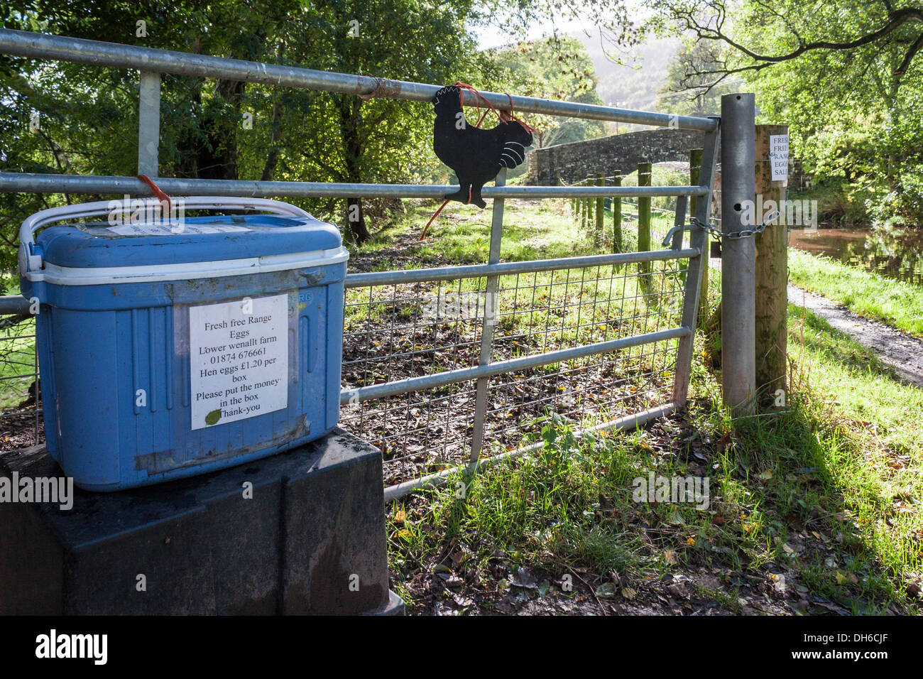 Eine Ehrlichkeit Box mit Free Range Eiern auf einem Hof am Monmouthshire und Brecon Canal, Brecon Beacons, Wales, GB, UK. Stockfoto