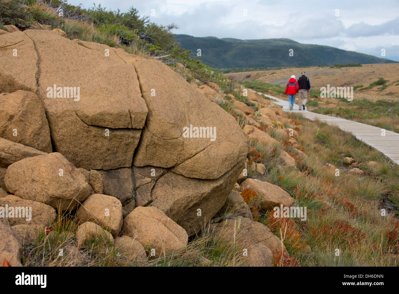 Kanada, Neufundland. Gros Morne National Park. Holzsteg zum Bereich Tablelands des Gros Morne Park. Stockfoto