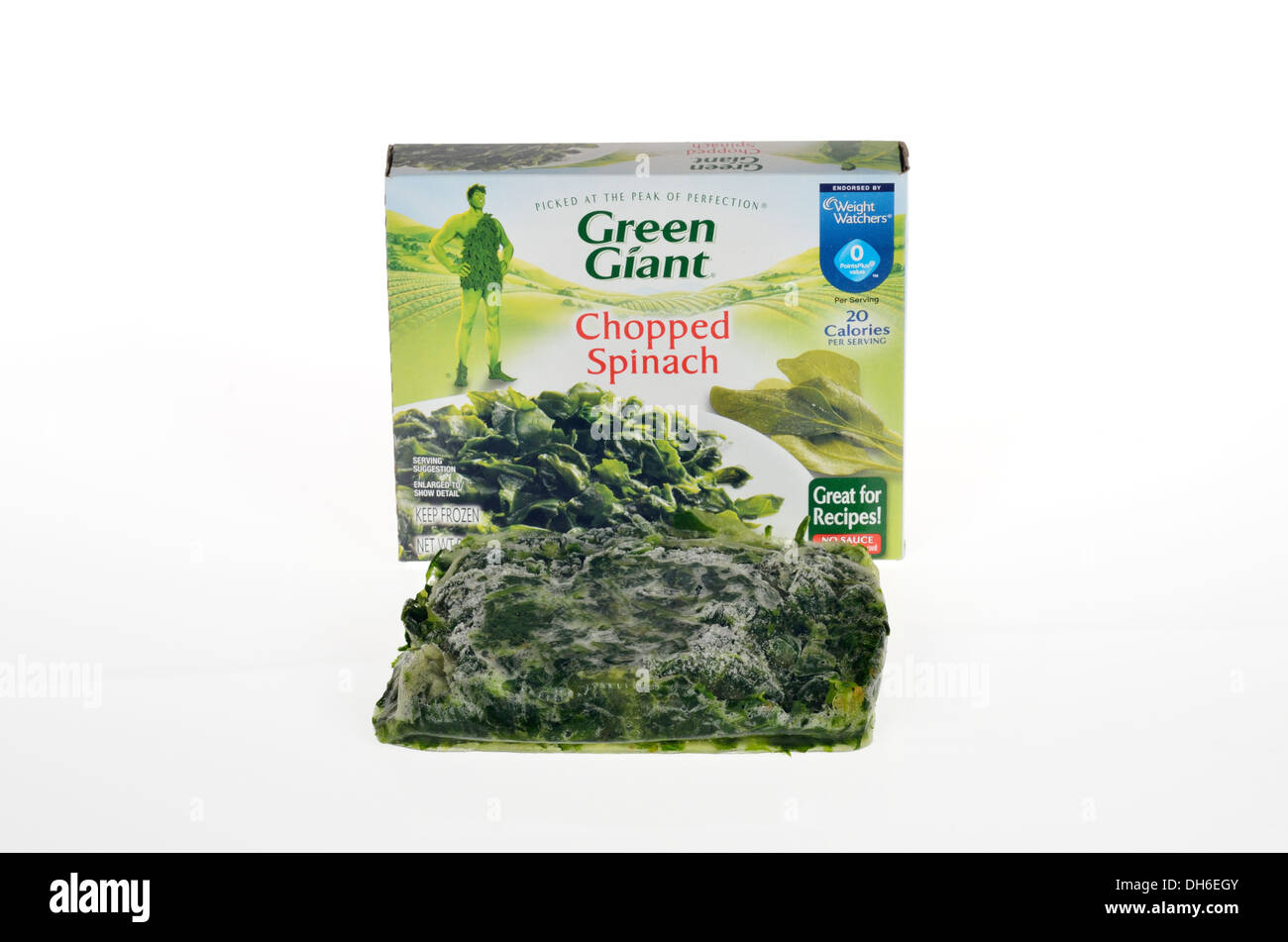 Box von Green Giant gefrorenen Spinat gehackt Gemüse auf weißem Hintergrund geöffnet Ausschnitt. USA Stockfoto