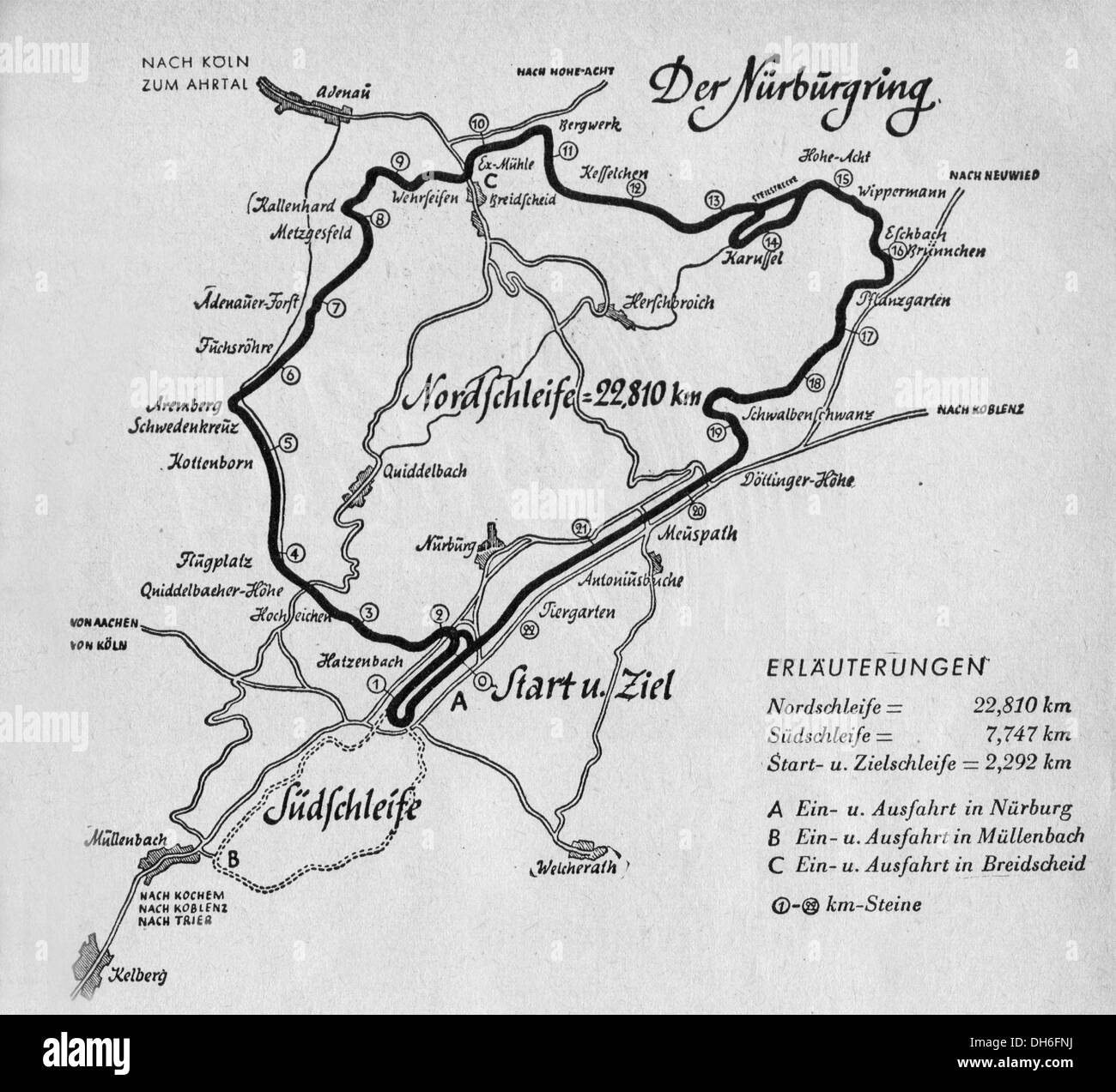 Eine Karte der Rennstrecke Nürburgring aus den 1960er Jahren. Deutschland. Stockfoto