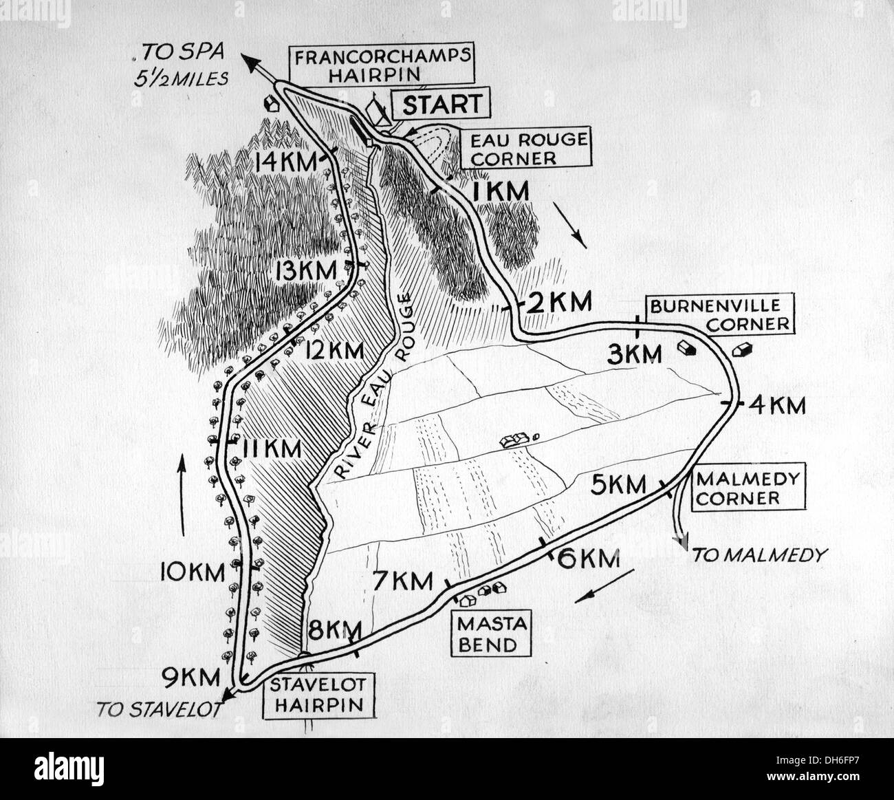 Karte von der Rennstrecke von Spa Francorchamps in Belgien. der 1960er Jahre. Stockfoto