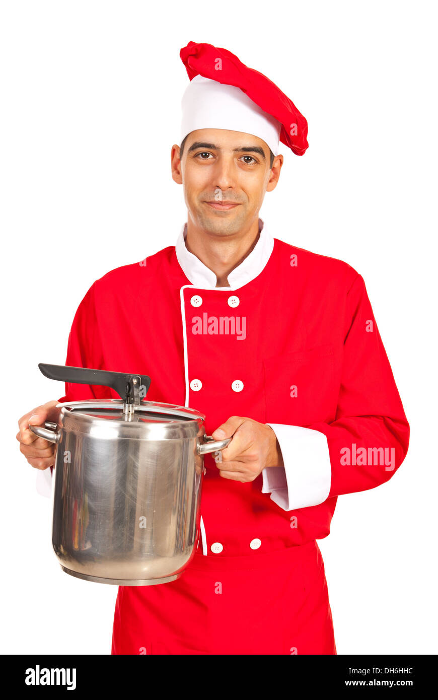 Koch männlich halten Inox Topf isoliert auf weißem Hintergrund Stockfoto