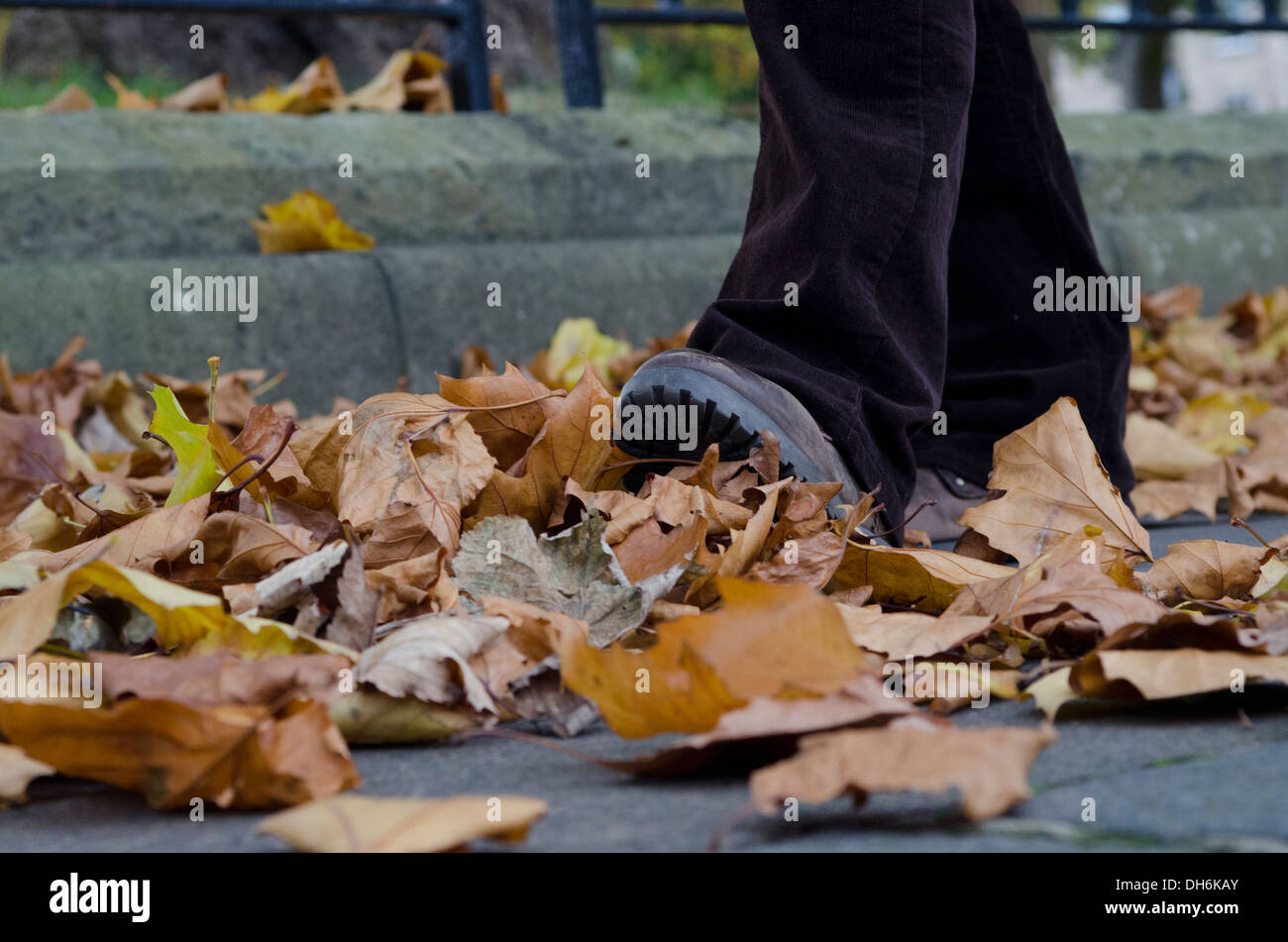 Boot, zu Fuß durch Herbstlaub auf Bürgersteig Stockfoto