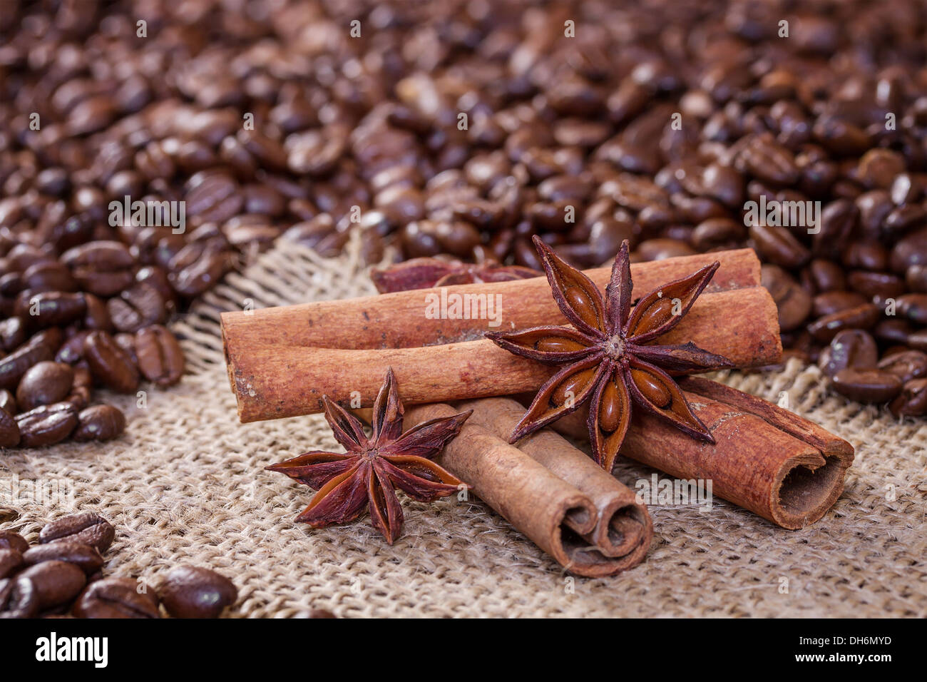 Zimtstangen und Sternanis auf einem Hintergrund von Kaffeebohnen Stockfoto