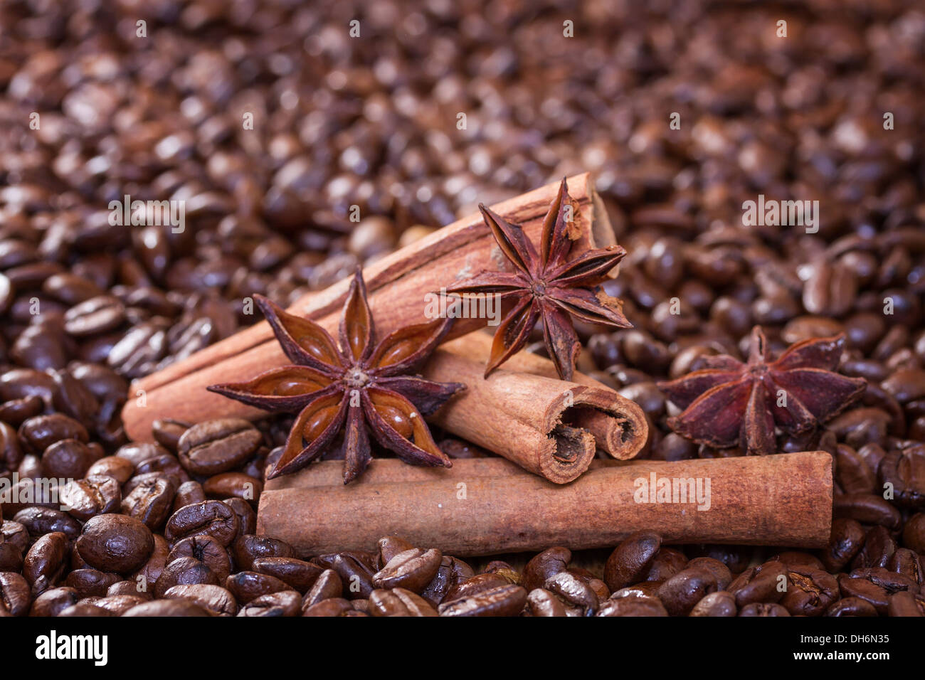 Zimtstangen und Sternanis auf einem Hintergrund von Kaffeebohnen Stockfoto