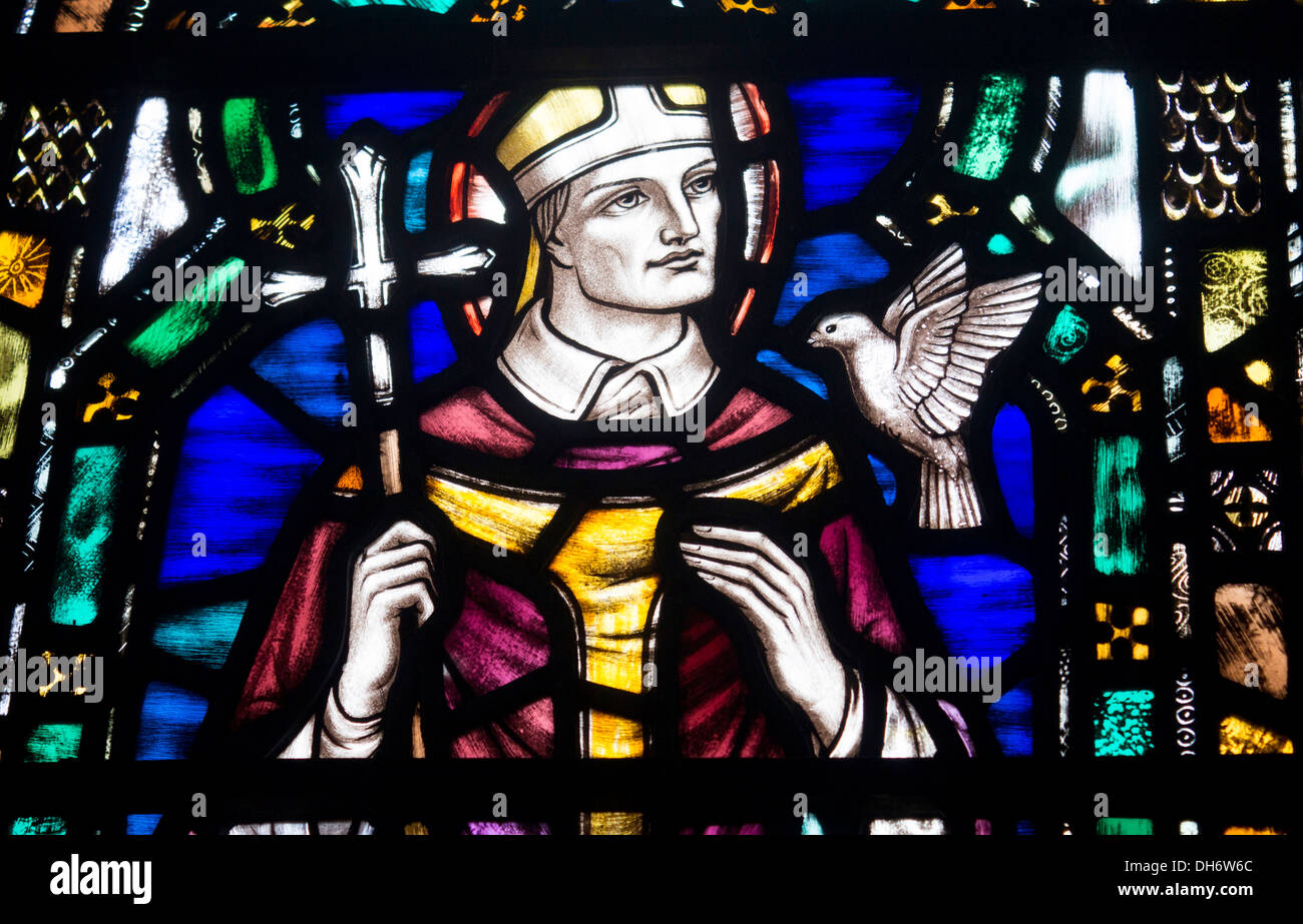 St. David Schutzpatron von Wales Porträtmalerei im Glasfenster mit Taube Strata Florida Kirche Ceredigion Mid Wales UK Stockfoto