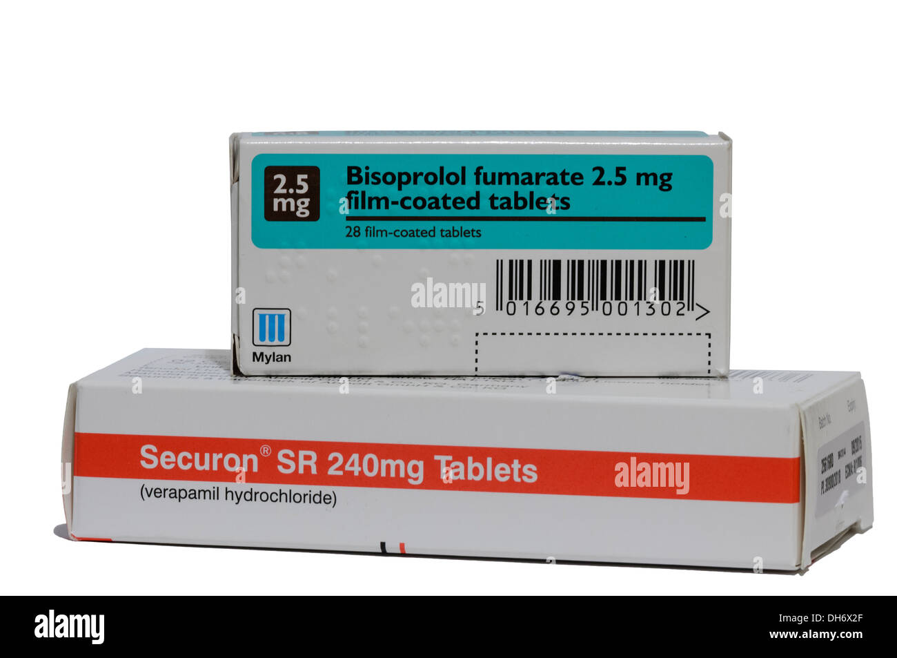 Bisoprolol fumarate 5mg mit Verapamil Hydrochlorid, zwei Herz Tabletten, die nie zusammen genommen werden sollten, da sie potenziell tödlich sind Stockfoto