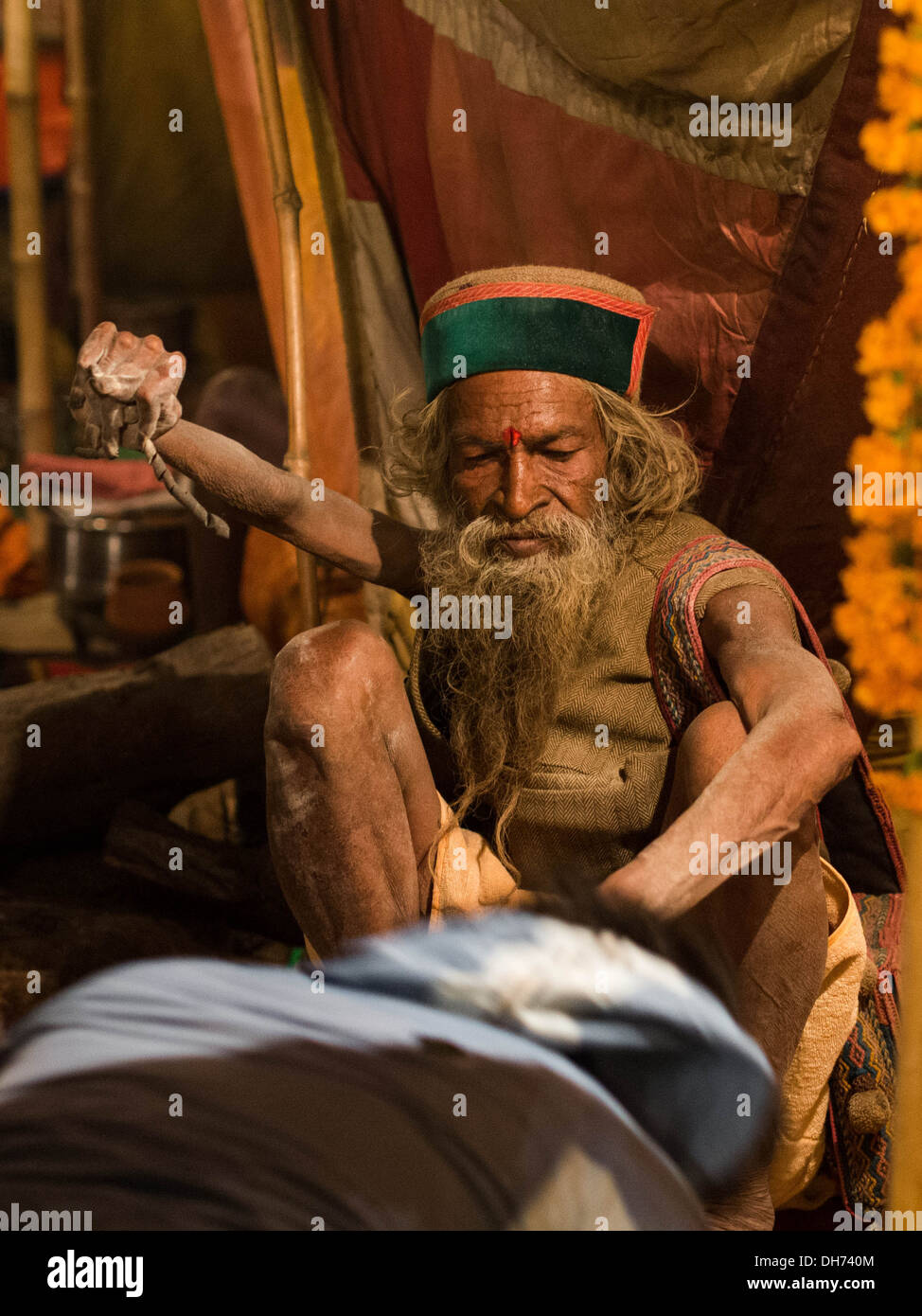 Mahant Amar Bharti Ji auf der Kumbh Mela 2013 einen Segen zu geben. Bharti Ji hob seinen Arm über dem Kopf bekanntlich im Jahr 1973. Stockfoto